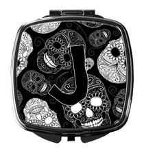 Load image into Gallery viewer, Letter J Day of the Dead Skulls Black Compact Mirror – Stylish Purse Mirror with Artistic Covers CJ2008-JSCM