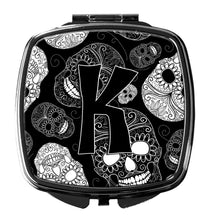 Load image into Gallery viewer, Letter K Day of the Dead Skulls Black Compact Mirror – Stylish Purse Mirror with Artistic Covers CJ2008-KSCM