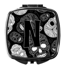 Load image into Gallery viewer, Letter N Day of the Dead Skulls Black Compact Mirror – Stylish Purse Mirror with Artistic Covers CJ2008-NSCM