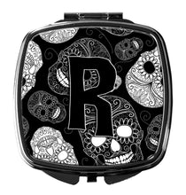 Load image into Gallery viewer, Letter R Day of the Dead Skulls Black Compact Mirror – Stylish Purse Mirror with Artistic Covers CJ2008-RSCM