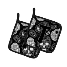 Load image into Gallery viewer, Letter T Day of the Dead Skulls Black Pot Holders - Set of 2 - Heat-Resistant Kitchen Essentials CJ2008-TPTHD