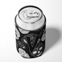 Load image into Gallery viewer, Letter V Day of the Dead Skulls Black Can or Bottle Hugger CJ2008-VCC