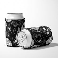 Load image into Gallery viewer, Letter V Day of the Dead Skulls Black Can or Bottle Hugger CJ2008-VCC