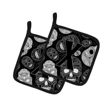 Load image into Gallery viewer, Letter X Day of the Dead Skulls Black Pot Holders - Set of 2 - Heat-Resistant Kitchen Essentials CJ2008-XPTHD