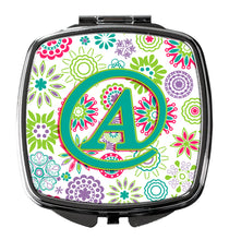 Load image into Gallery viewer, Letter A Flowers Pink Teal Green Initial Compact Mirror – Stylish Purse Mirror with Artistic Covers CJ2011-ASCM