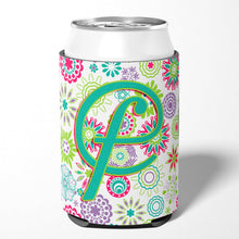 Load image into Gallery viewer, Letter F Flowers Pink Teal Green Initial Can or Bottle Hugger CJ2011-FCC