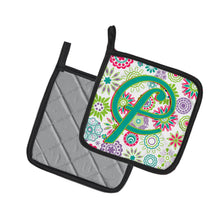 Load image into Gallery viewer, Letter F Flowers Pink Teal Green Initial Pot Holders - Set of 2 - Heat-Resistant Kitchen Essentials CJ2011-FPTHD