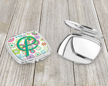 Load image into Gallery viewer, Letter F Flowers Pink Teal Green Initial Compact Mirror – Stylish Purse Mirror with Artistic Covers CJ2011-FSCM