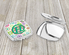 Load image into Gallery viewer, Letter H Flowers Pink Teal Green Initial Compact Mirror – Stylish Purse Mirror with Artistic Covers CJ2011-HSCM