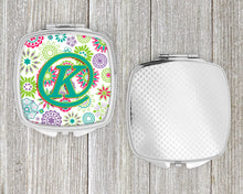 Load image into Gallery viewer, Letter K Flowers Pink Teal Green Initial Compact Mirror – Stylish Purse Mirror with Artistic Covers CJ2011-KSCM