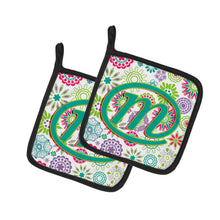Load image into Gallery viewer, Letter M Flowers Pink Teal Green Initial Pot Holders - Set of 2 - Heat-Resistant Kitchen Essentials CJ2011-MPTHD