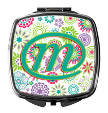 Load image into Gallery viewer, Letter M Flowers Pink Teal Green Initial Compact Mirror – Stylish Purse Mirror with Artistic Covers CJ2011-MSCM