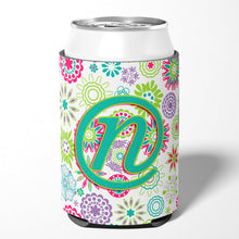 Load image into Gallery viewer, Letter N Flowers Pink Teal Green Initial Can or Bottle Hugger CJ2011-NCC
