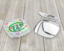 Load image into Gallery viewer, Letter W Flowers Pink Teal Green Initial Compact Mirror – Stylish Purse Mirror with Artistic Covers CJ2011-WSCM