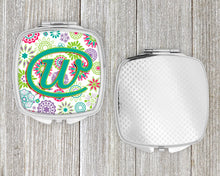 Load image into Gallery viewer, Letter W Flowers Pink Teal Green Initial Compact Mirror – Stylish Purse Mirror with Artistic Covers CJ2011-WSCM