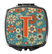Load image into Gallery viewer, Letter T Flowers Retro Blue Compact Mirror – Stylish Purse Mirror with Artistic Covers CJ2012-TSCM