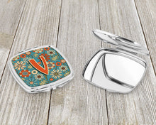 Load image into Gallery viewer, Letter V Flowers Retro Blue Compact Mirror – Stylish Purse Mirror with Artistic Covers CJ2012-VSCM