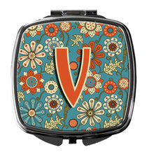 Load image into Gallery viewer, Letter V Flowers Retro Blue Compact Mirror – Stylish Purse Mirror with Artistic Covers CJ2012-VSCM