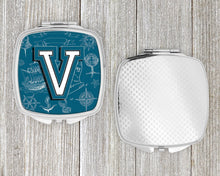 Load image into Gallery viewer, Letter V Sea Doodles Initial Alphabet Compact Mirror – Stylish Purse Mirror with Artistic Covers CJ2014-VSCM