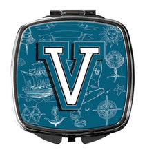 Load image into Gallery viewer, Letter V Sea Doodles Initial Alphabet Compact Mirror – Stylish Purse Mirror with Artistic Covers CJ2014-VSCM
