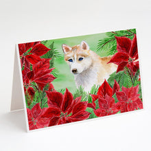 Load image into Gallery viewer, Siberian Husky Poinsettas Greeting Cards -  Blank Note Cards – 8-Pack of Artist-Designed Cards with Envelopes