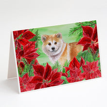 Load image into Gallery viewer, Shiba Inu Poinsettas Greeting Cards -  Blank Note Cards – 8-Pack of Artist-Designed Cards with Envelopes