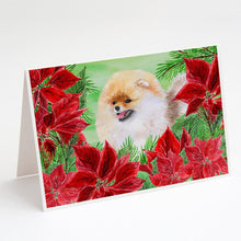 Load image into Gallery viewer, Pomeranian Poinsettas Greeting Cards -  Blank Note Cards – 8-Pack of Artist-Designed Cards with Envelopes