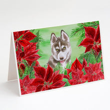 Load image into Gallery viewer, Siberian Husky Grey Poinsettas Greeting Cards -  Blank Note Cards – 8-Pack of Artist-Designed Cards with Envelopes