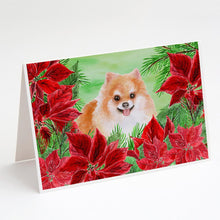 Load image into Gallery viewer, Pomeranian #2 Poinsettas Greeting Cards -  Blank Note Cards – 8-Pack of Artist-Designed Cards with Envelopes