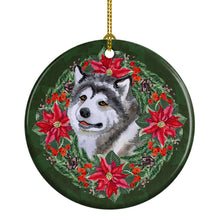 Load image into Gallery viewer, Alaskan Malamute Poinsetta Wreath Ornament - Round Ceramic Ornament – Artist-Designed Keepsake Decoration