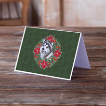 Load image into Gallery viewer, Alaskan Malamute Poinsetta Wreath Greeting Cards -  Blank Note Cards – 8-Pack of Artist-Designed Cards with Envelopes