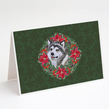 Load image into Gallery viewer, Alaskan Malamute Poinsetta Wreath Greeting Cards -  Blank Note Cards – 8-Pack of Artist-Designed Cards with Envelopes