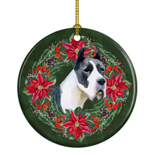 Load image into Gallery viewer, Harlequin Great Dane Poinsetta Wreath Ornament - Round Ceramic Ornament – Artist-Designed Keepsake Decoration