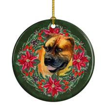 Load image into Gallery viewer, Boerboel Mastiff Poinsetta Wreath Ornament - Round Ceramic Ornament – Artist-Designed Keepsake Decoration