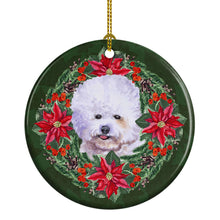 Load image into Gallery viewer, Bichon Frise Poinsetta Wreath Ornament - Round Ceramic Ornament – Artist-Designed Keepsake Decoration