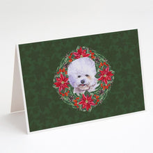 Load image into Gallery viewer, Bichon Frise Poinsetta Wreath Greeting Cards -  Blank Note Cards – 8-Pack of Artist-Designed Cards with Envelopes