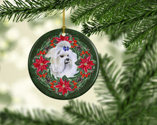Load image into Gallery viewer, Maltese Poinsetta Wreath Ornament - Round Ceramic Ornament – Artist-Designed Keepsake Decoration