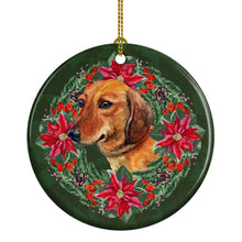 Load image into Gallery viewer, Dachshund Poinsetta Wreath Ornament - Round Ceramic Ornament – Artist-Designed Keepsake Decoration