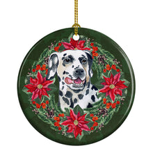 Load image into Gallery viewer, Dalmatian Poinsetta Wreath Ornament - Round Ceramic Ornament – Artist-Designed Keepsake Decoration