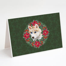 Load image into Gallery viewer, Siberian Husky Poinsetta Wreath Greeting Cards -  Blank Note Cards – 8-Pack of Artist-Designed Cards with Envelopes