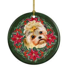 Load image into Gallery viewer, Morkie Poinsetta Wreath Ornament - Round Ceramic Ornament – Artist-Designed Keepsake Decoration