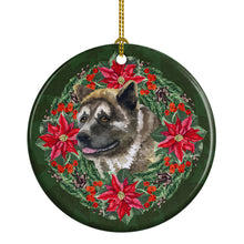 Load image into Gallery viewer, American Akita Poinsetta Wreath Ornament - Round Ceramic Ornament – Artist-Designed Keepsake Decoration