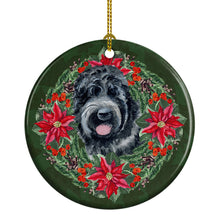 Load image into Gallery viewer, Black Russian Terrier Poinsetta Wreath Ornament - Round Ceramic Ornament – Artist-Designed Keepsake Decoration
