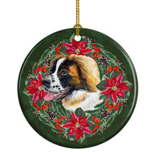 Load image into Gallery viewer, Saint Bernard Poinsetta Wreath Ornament - Round Ceramic Ornament – Artist-Designed Keepsake Decoration