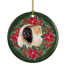 Load image into Gallery viewer, Pekingese Poinsetta Wreath Ornament - Round Ceramic Ornament – Artist-Designed Keepsake Decoration