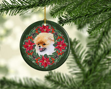 Load image into Gallery viewer, Pomeranian Poinsetta Wreath Ornament - Round Ceramic Ornament – Artist-Designed Keepsake Decoration
