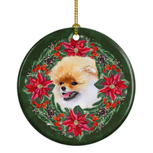 Load image into Gallery viewer, Pomeranian Poinsetta Wreath Ornament - Round Ceramic Ornament – Artist-Designed Keepsake Decoration