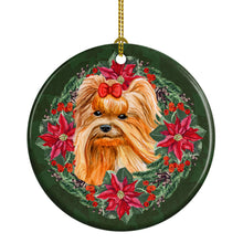 Load image into Gallery viewer, Yorkshire Terrier Poinsetta Wreath Ornament - Round Ceramic Ornament – Artist-Designed Keepsake Decoration