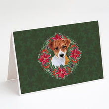 Load image into Gallery viewer, Jack Russell Terrier Poinsetta Wreath Greeting Cards -  Blank Note Cards – 8-Pack of Artist-Designed Cards with Envelopes