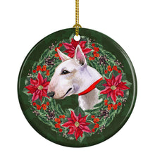 Load image into Gallery viewer, Bull Terrier Poinsetta Wreath Ornament - Round Ceramic Ornament – Artist-Designed Keepsake Decoration
